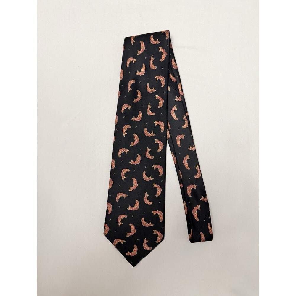 Vintage Magenta 100% Silk Neck Tie Black Koi Fish Made In Canada Hand Made